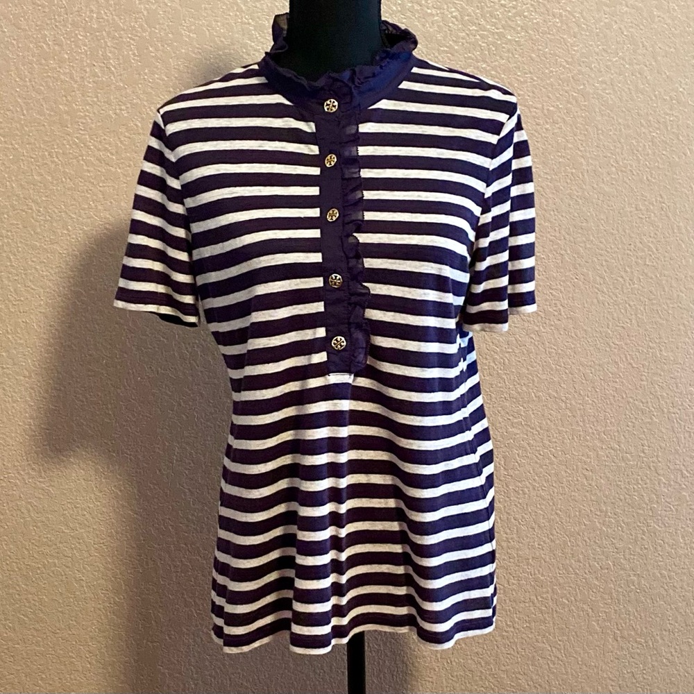 Tory Burch striped polo with ruffle detail